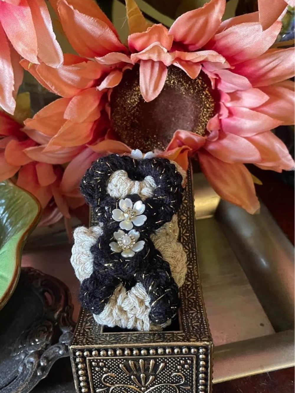 Handmade Black & Cream Crochet Flower Bracelet with Pearl Accents